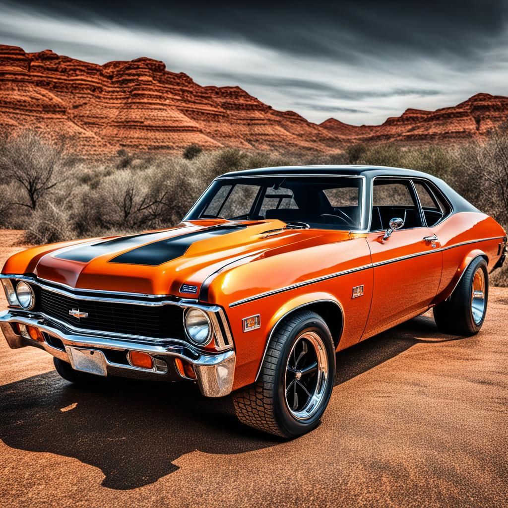 Burnt Orange 1972 Chevy Rally Nova, Hyperrealistic Photo