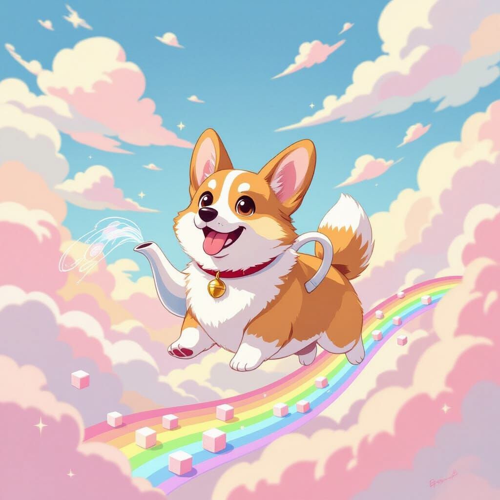 Whimsical Corgi Teapot Flies Through Candy Clouds