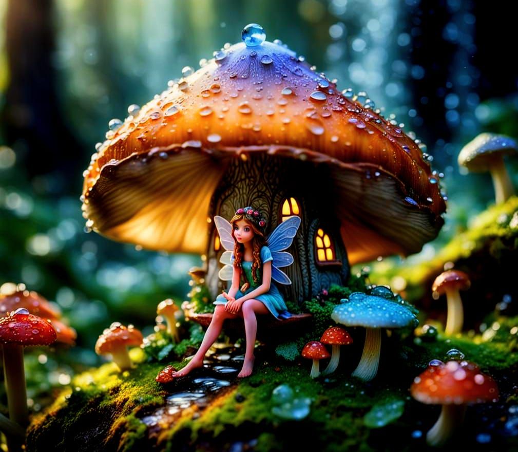 Fairy on Mushroom: Hyperrealistic Macro Photography