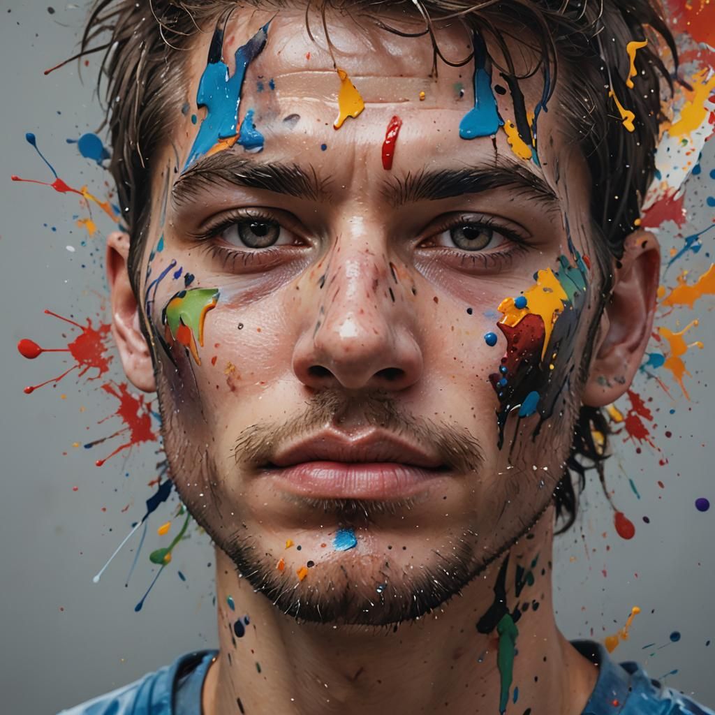 Hyperrealistic Portrait with Abstract Paint Splatters