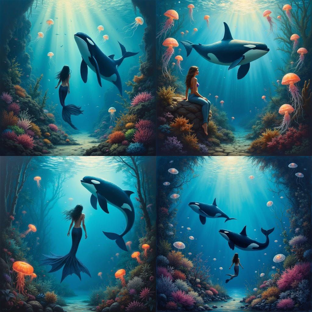 Mermaid and Orca in Jellyfish Garden Oil Painting