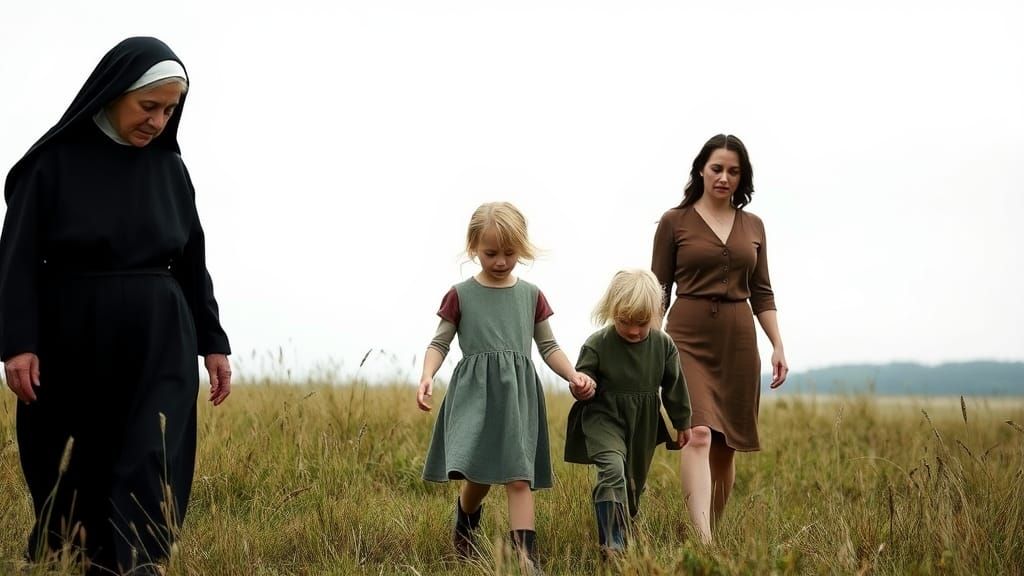 Three Figures United in Somber Desolation