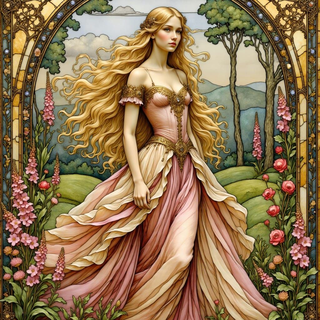 Medieval Woman with Foxgloves in Art Nouveau Stained Glass