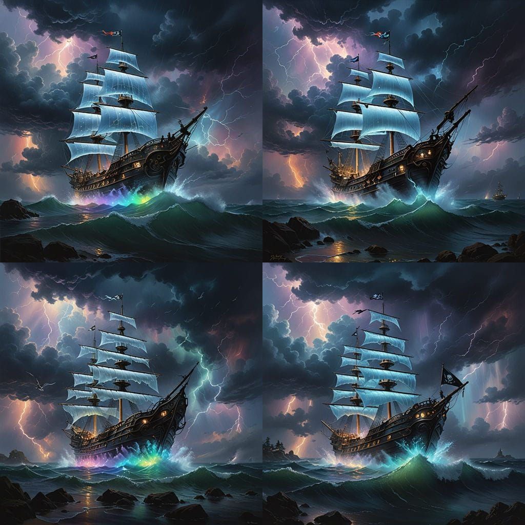 Iridescent Pirate Ship Soaring Through Storm