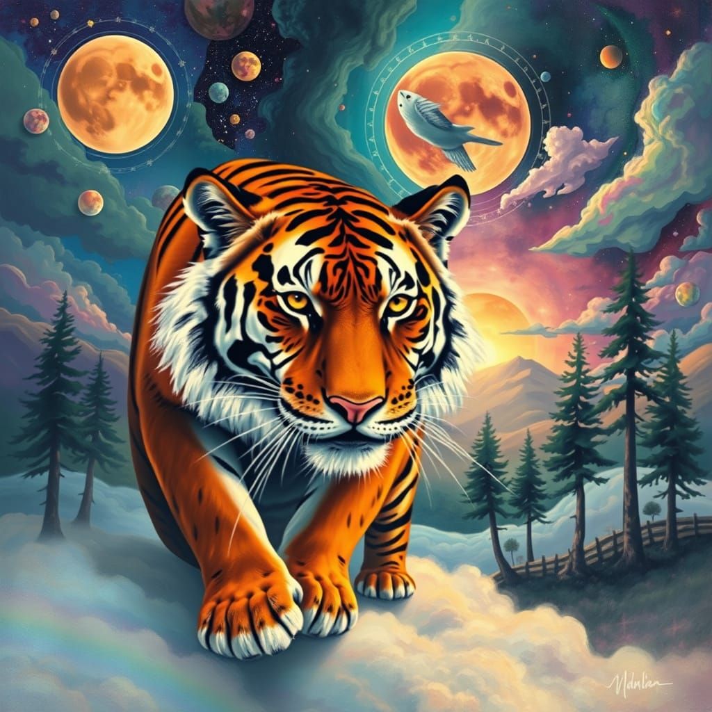 Vibrant Fauvist Tiger Amidst Ethereal Dreamscapes