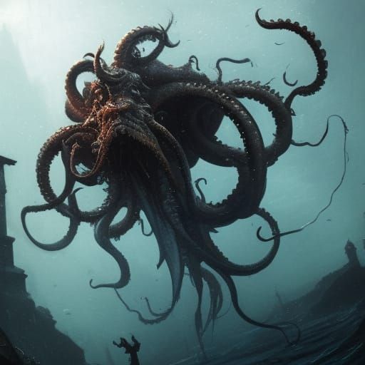 Majestic Kraken Emerges from Deep Sea, Digital Art