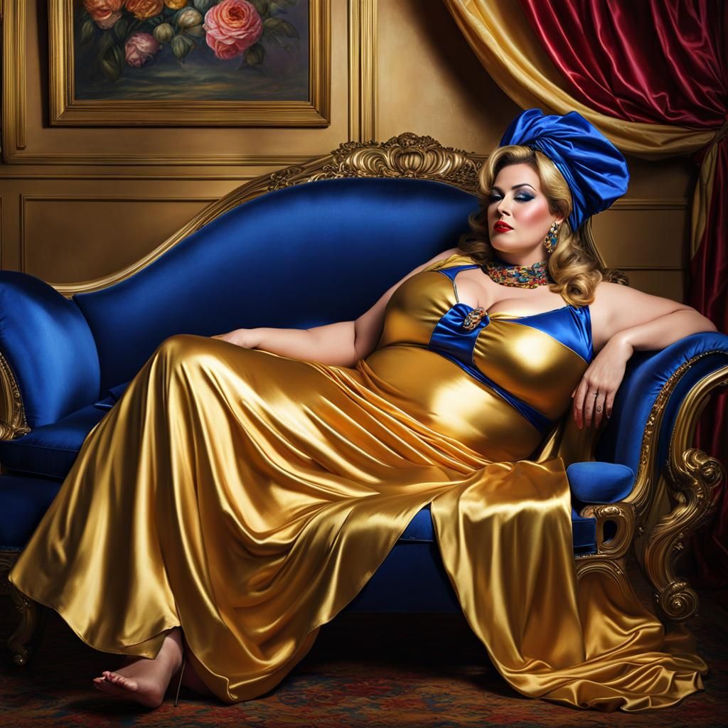 Realistic Artistic Sissy Satin Flamboyant Statuesque Glamorous Big Beautiful Woman BBW Woman relaxing supine on a Chaise...