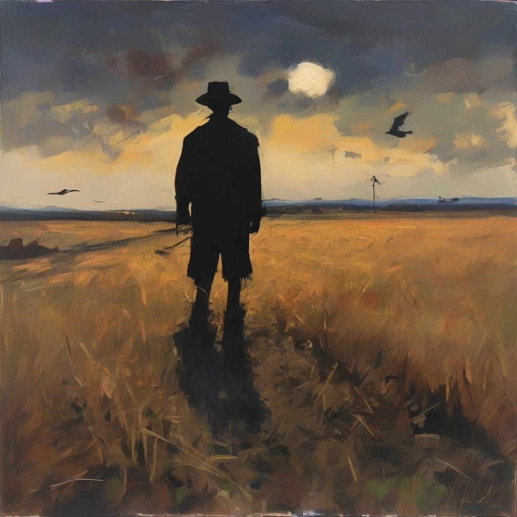 Ominous Scarecrow in Expressionist Gouache Painting