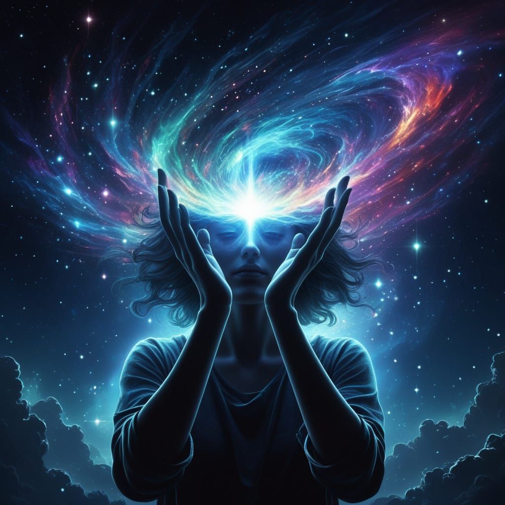 Cosmic Woman Holding Galaxy in Surreal Illustration