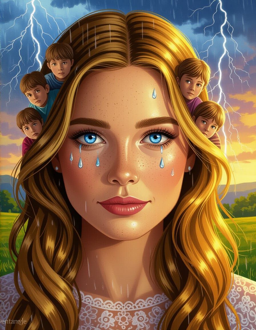 Mysterious Woman with Blue Eyes Under Stormy Skies