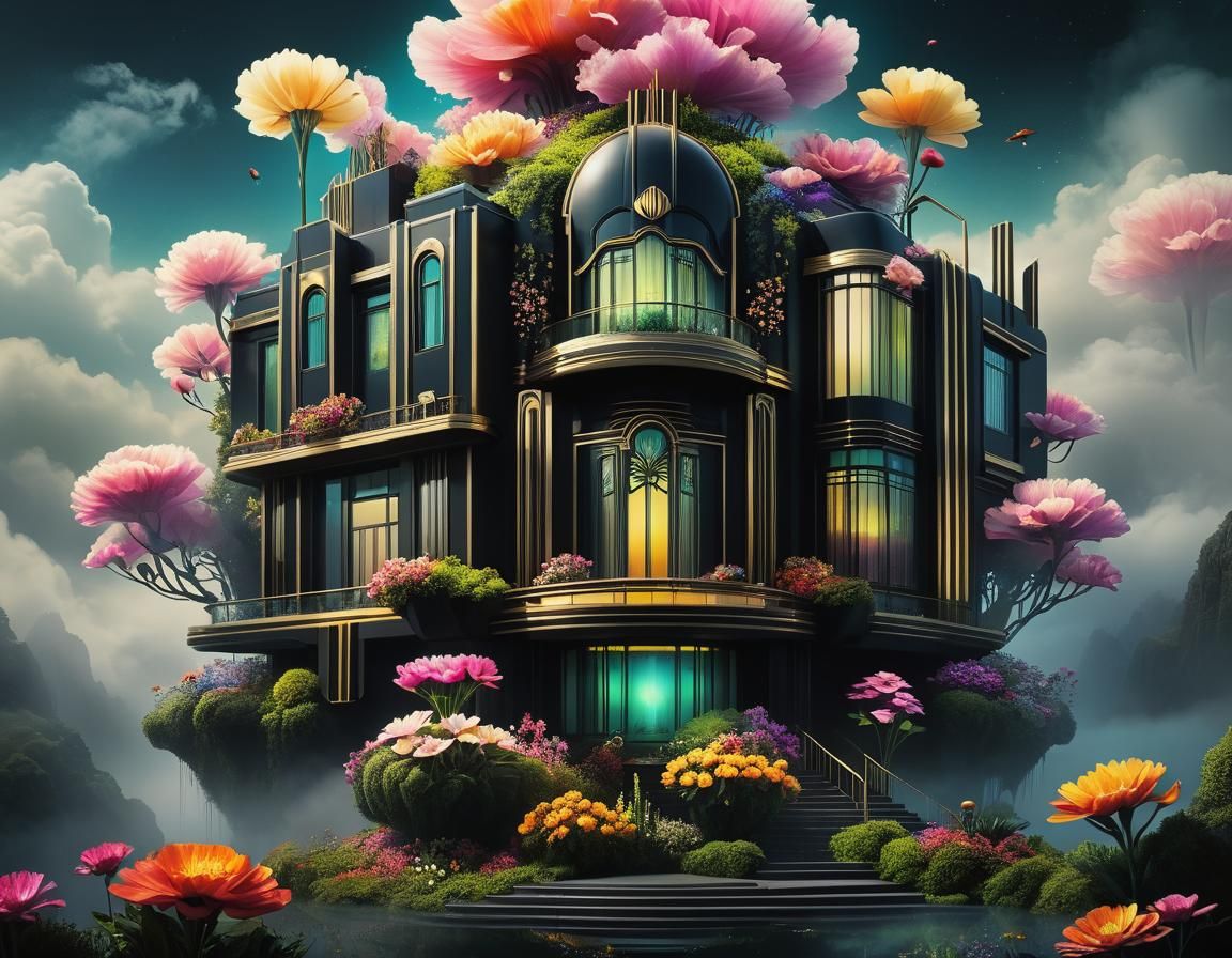 Retro-Futuristic Art Deco Mansion on Sky-Island