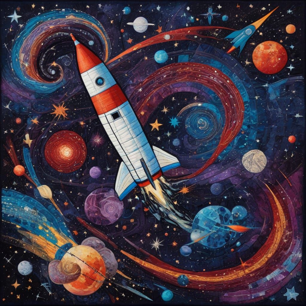 Cosmic Fabric Rocket Ship as Impasto Painting