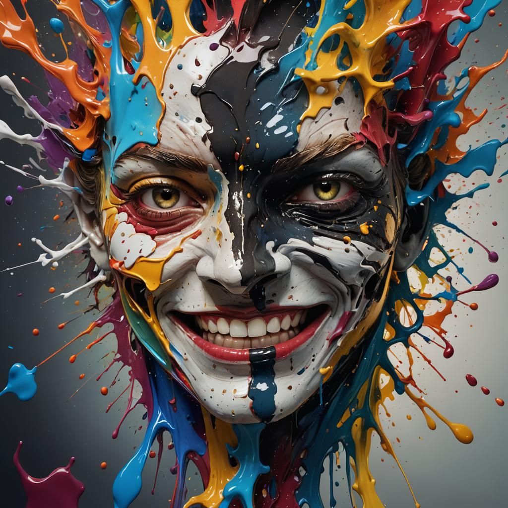Hyperrealistic Split Mask: Smiling Color vs. Dark Fear