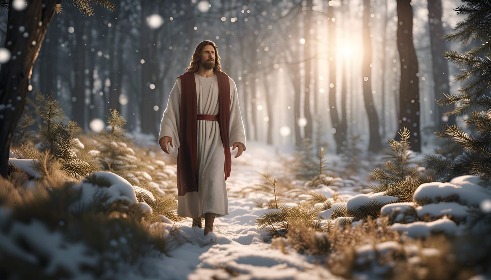 Jesus Walks in Snowy Christmas Forest