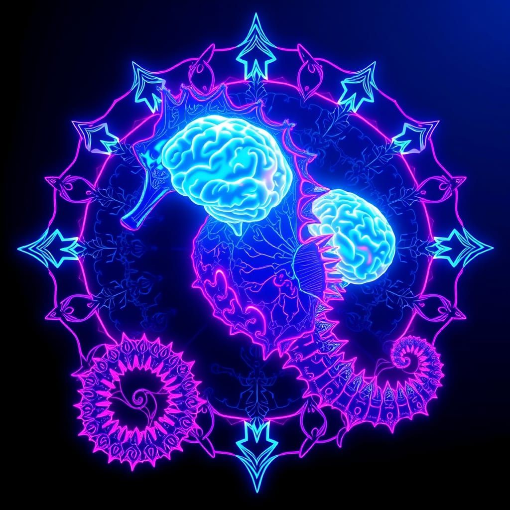Electric Seahorse Mandala with Fractal Brains