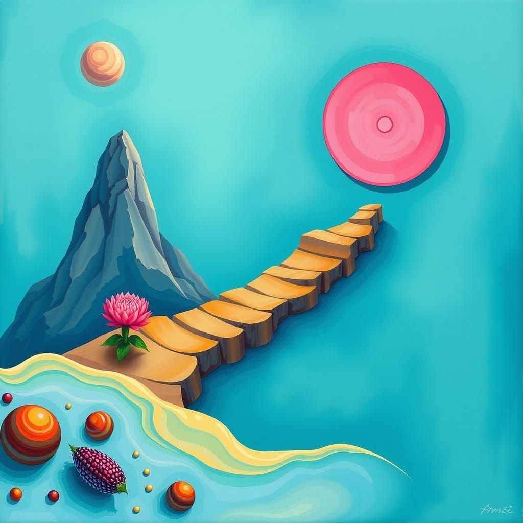 Surreal Teal Landscape with Ochre and Magenta Hues