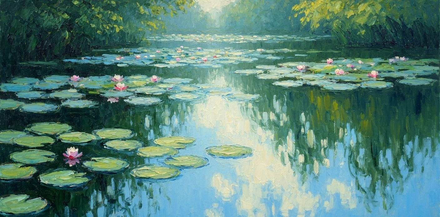 Serene Pond in Impressionist Impasto Style
