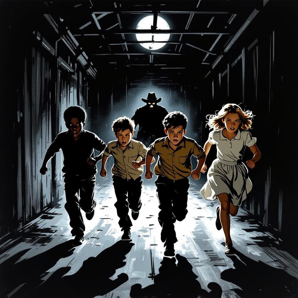 Children Flee Angry Farmer in Moonlit Steel Hallway