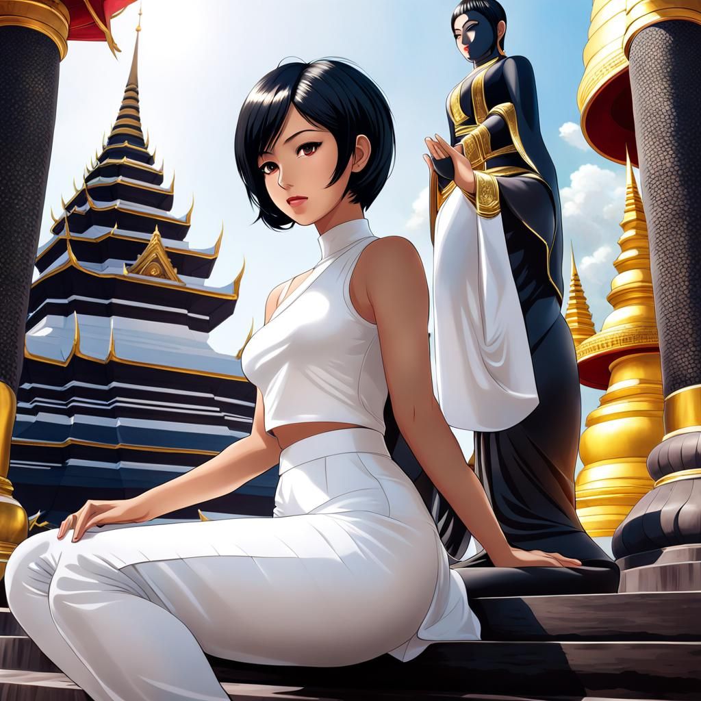 Woman in Thai Temple, Anime Style