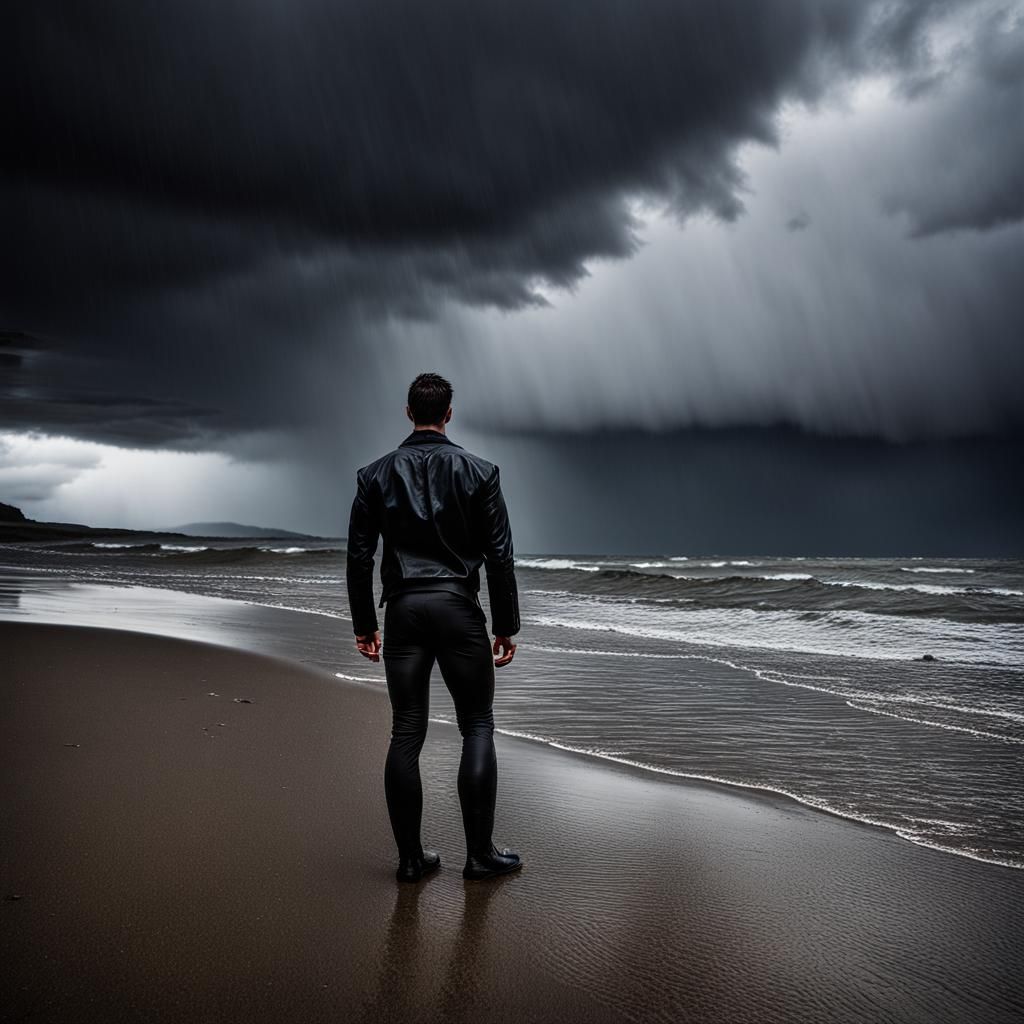 Man Embraces Storm on Deserted Beach
