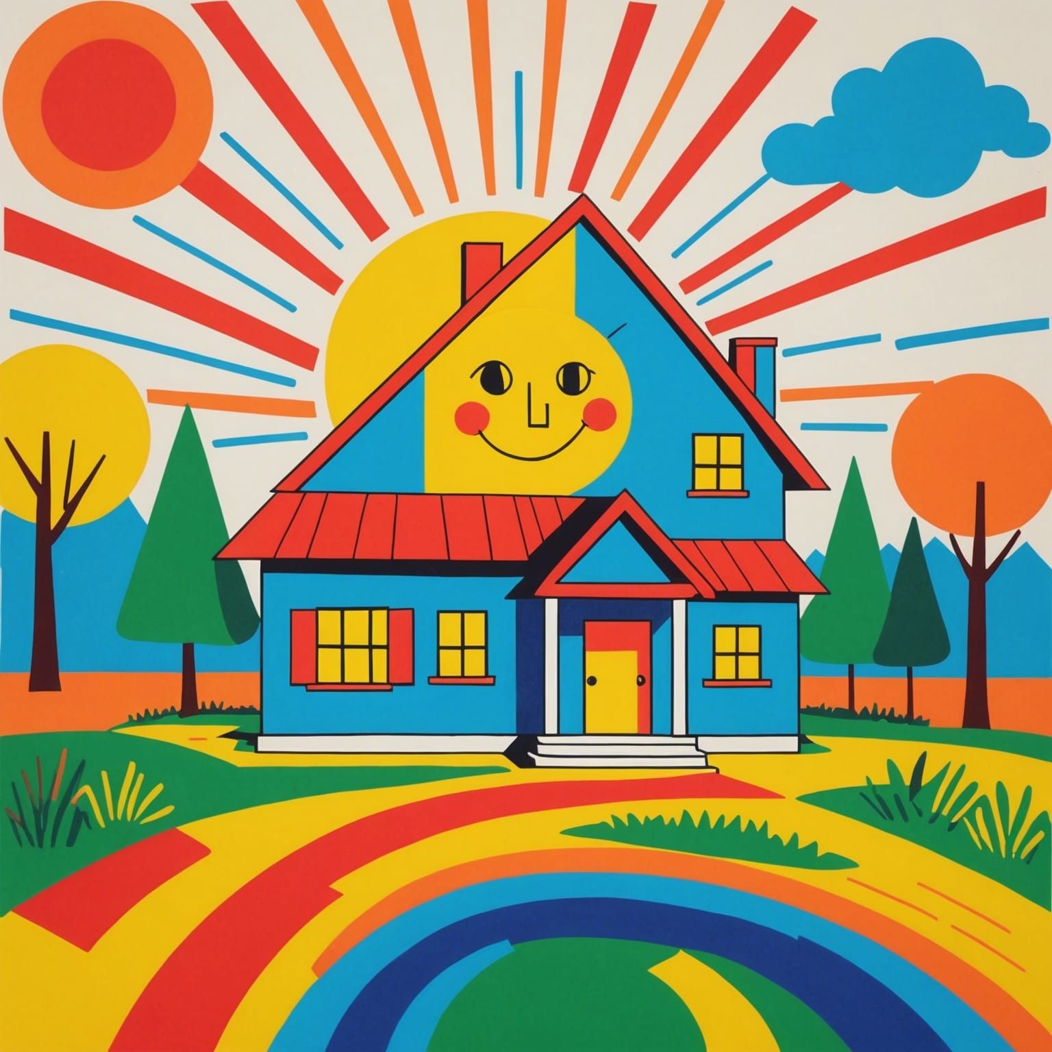 Child's Drawing of a Village House in Pop Art Style