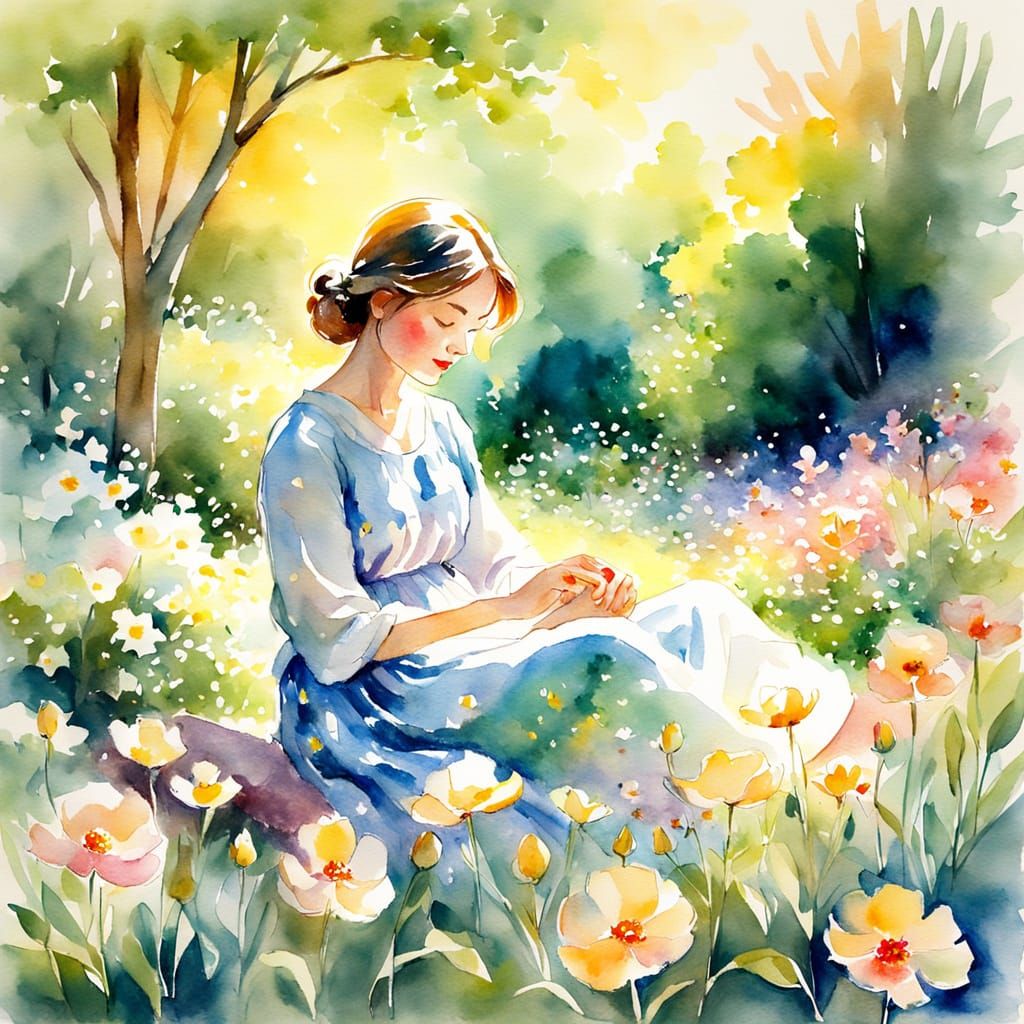 Serene Watercolor Garden Scene with Soft Focus