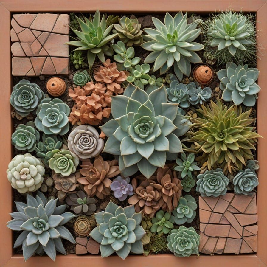 Earthy Mosaic Composition with Clay and Succulents