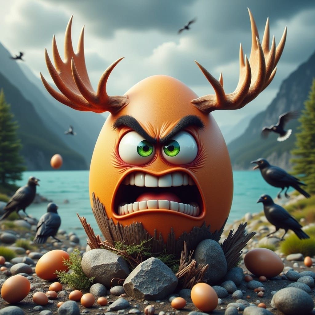 Surreal Moose with Egg Antlers and Ravens