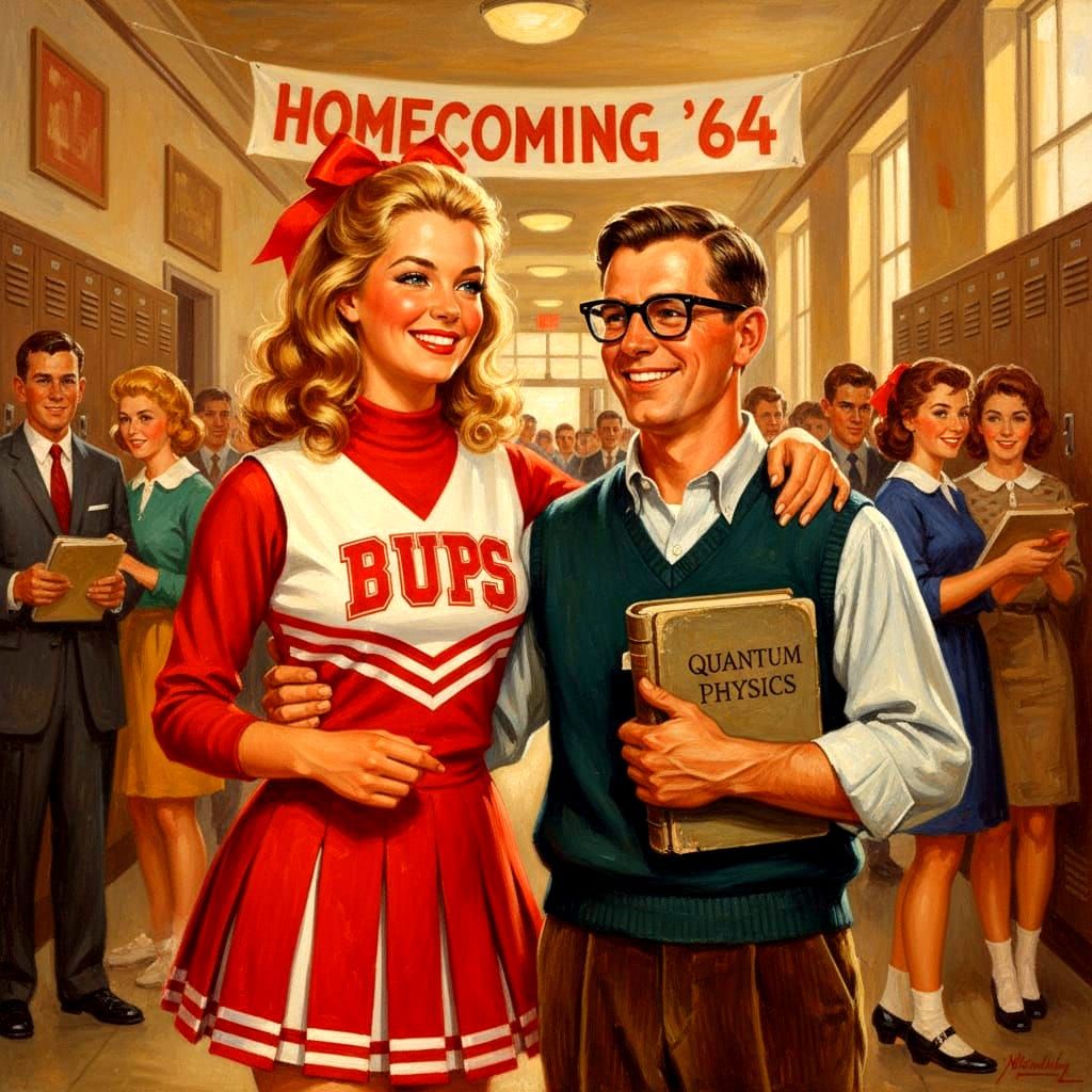 Norman Rockwell Style Painting of Cheerleader and Nerd