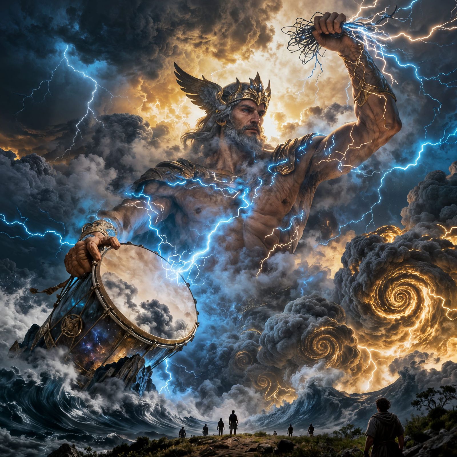 Storm God Commands Tempest with Drum and Lightning