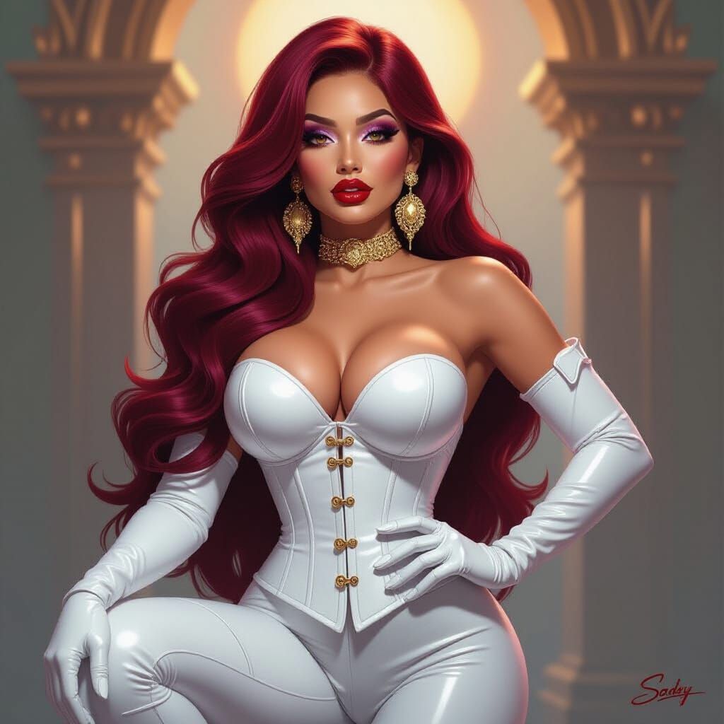 Voluptuous Latina Model in White Leather with Gold Earrings