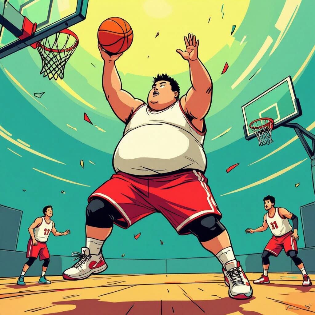 Asian Basketball Player Airballs Shot in Comic Style