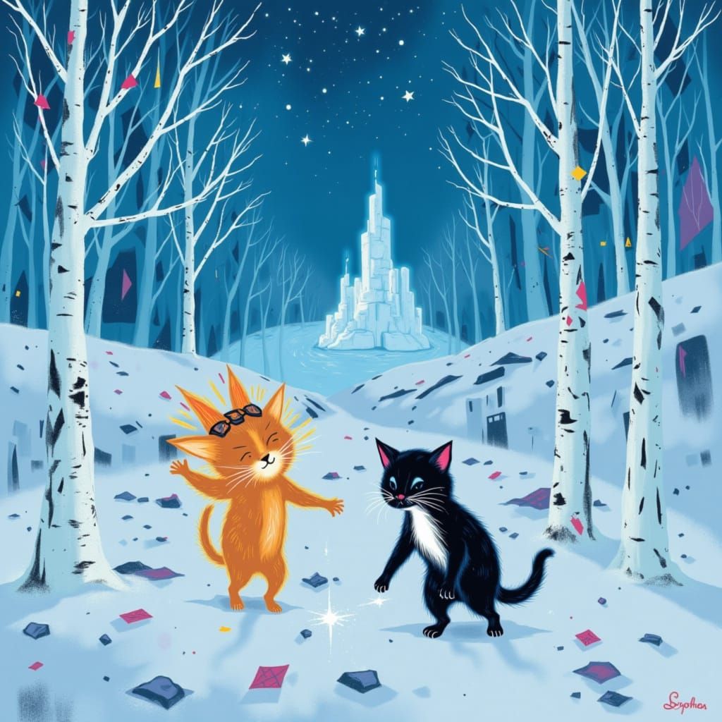 <lora:DANCING ALIENS:1.0> Cats in snow. Masterpiece picture ...