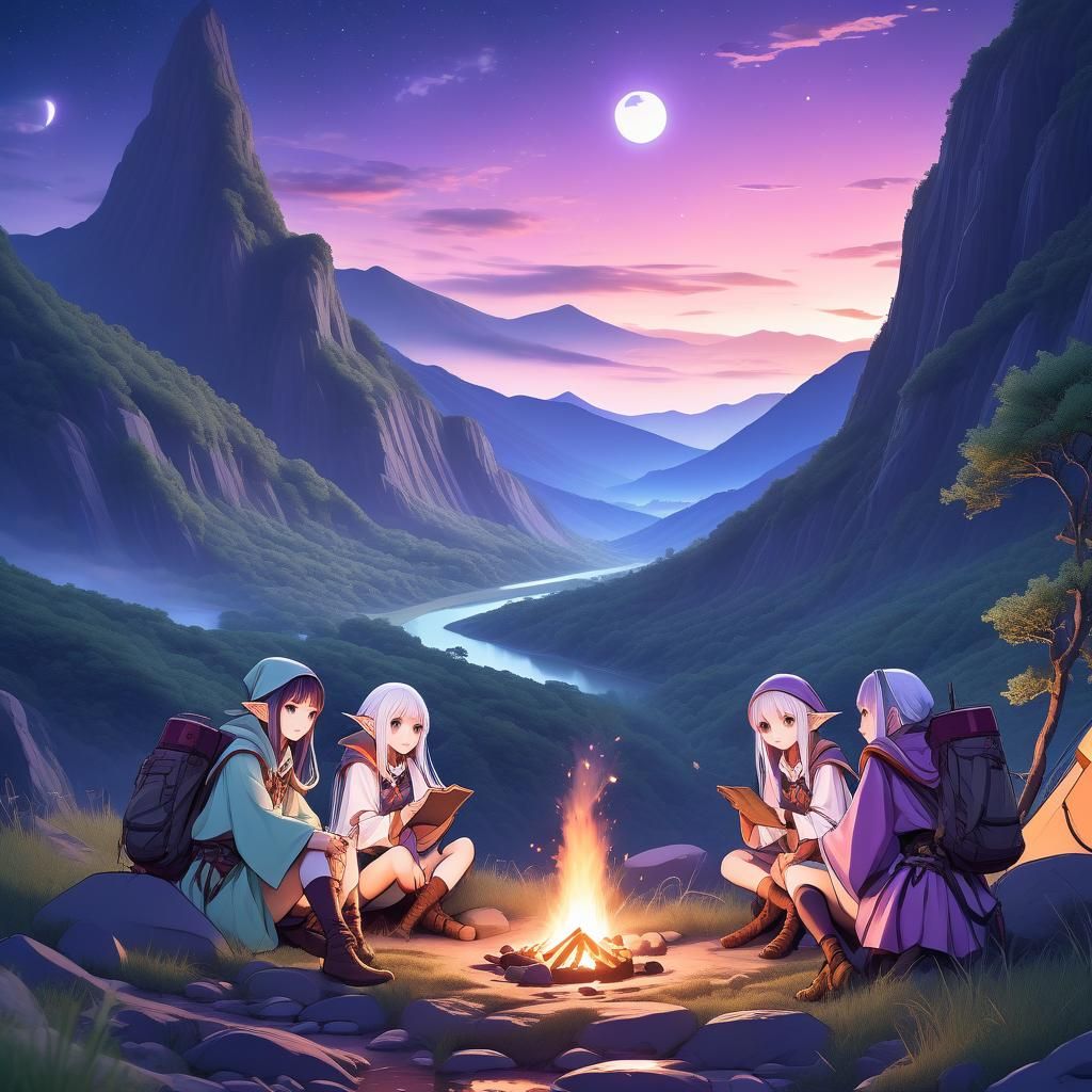 Anime Elf Girls Camping with Wizard at Night
