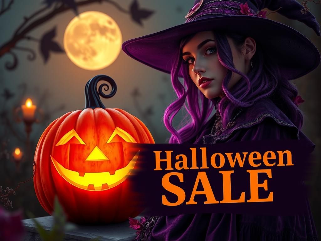 Halloween Witch with Bioluminescent Pumpkin in Art Nouveau S...