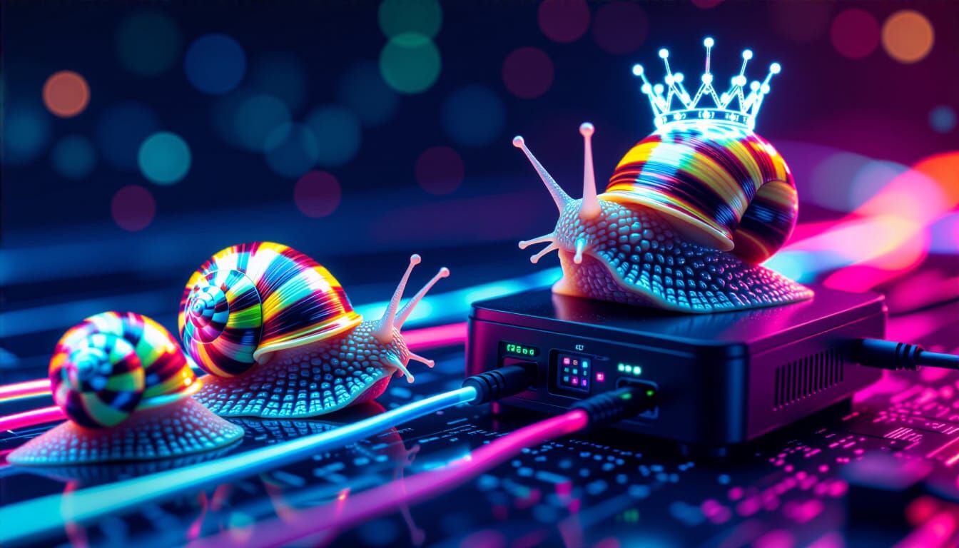 Regal Snail on Router Amidst Digital Trails