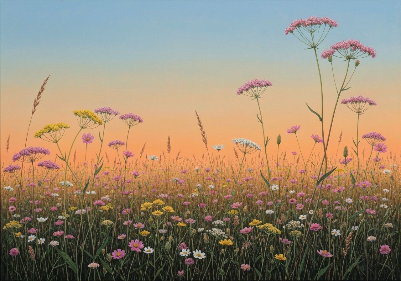 Realistic Wildflower Field Painting at Sunset