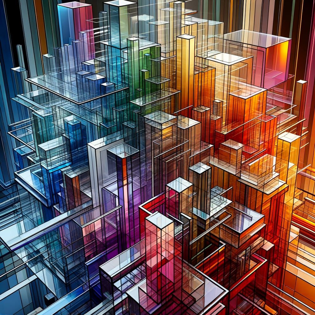 Transparent, rectilinear forms in kaleidoscopic colors.