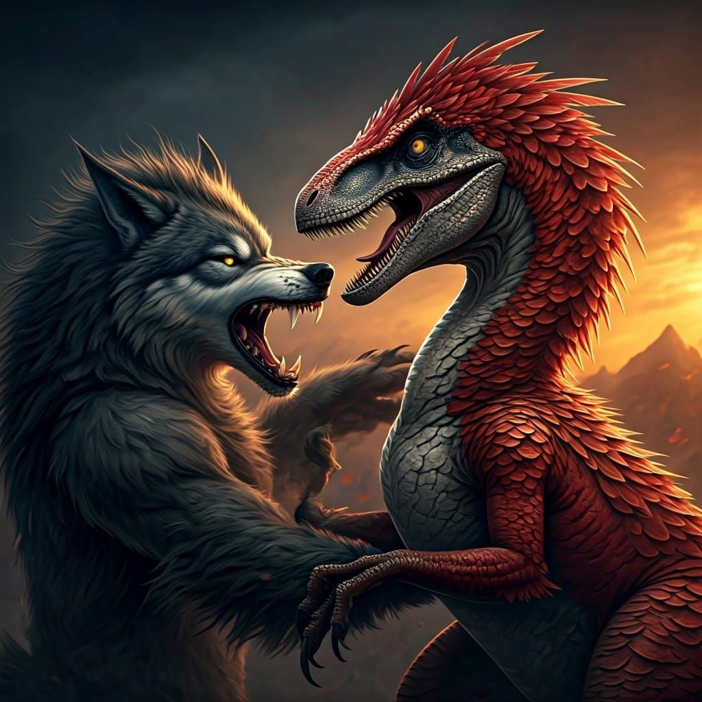 Red Velociraptor vs Werewolf in Hyper-Realistic Style