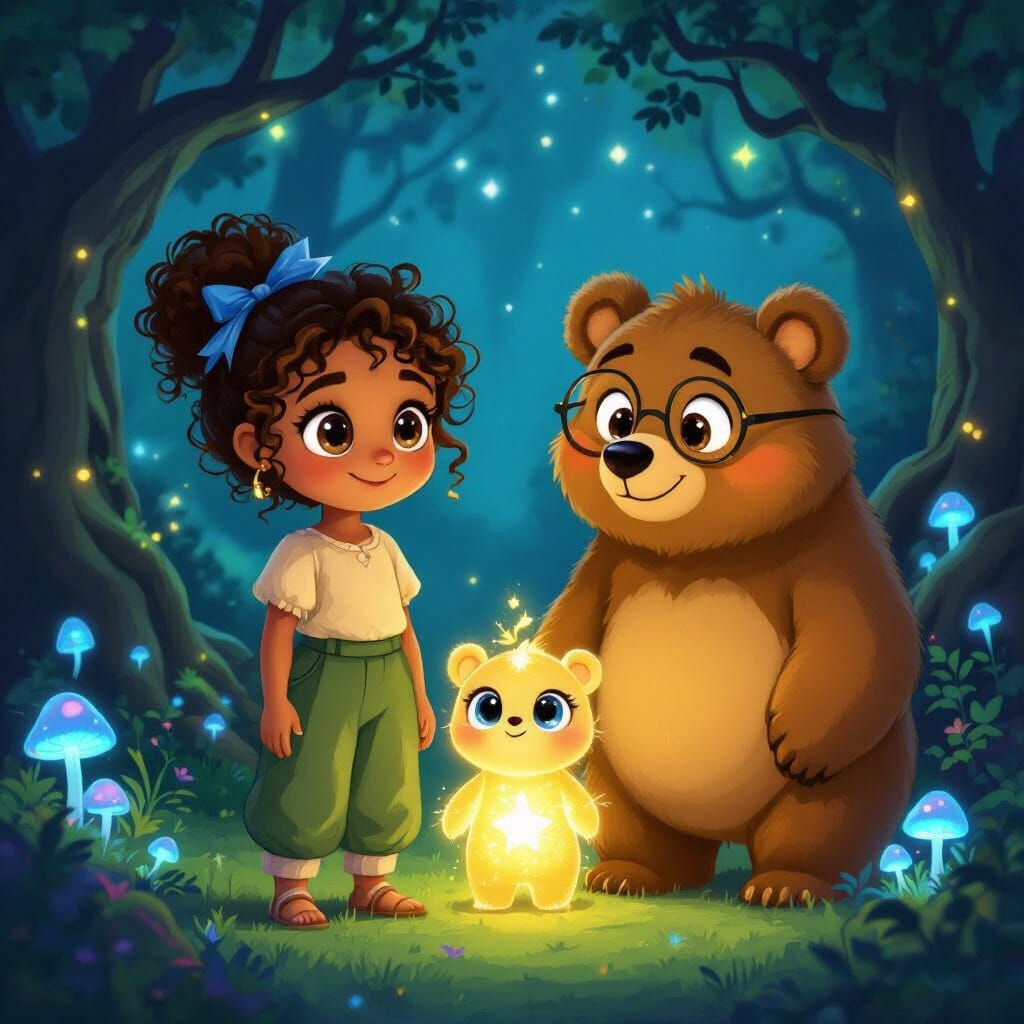 Girl, Star Spirit, and Bear in Magical Forest