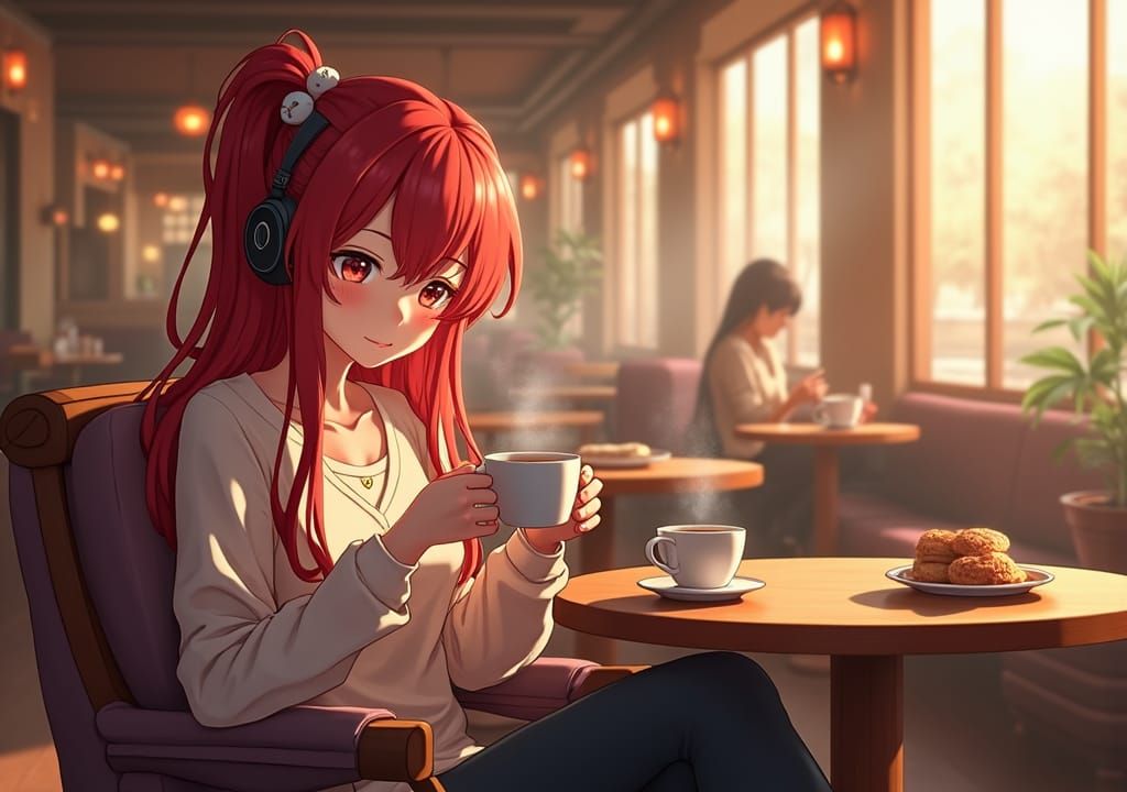 Anime Woman in Cozy Cafe: 3D Digital Art
