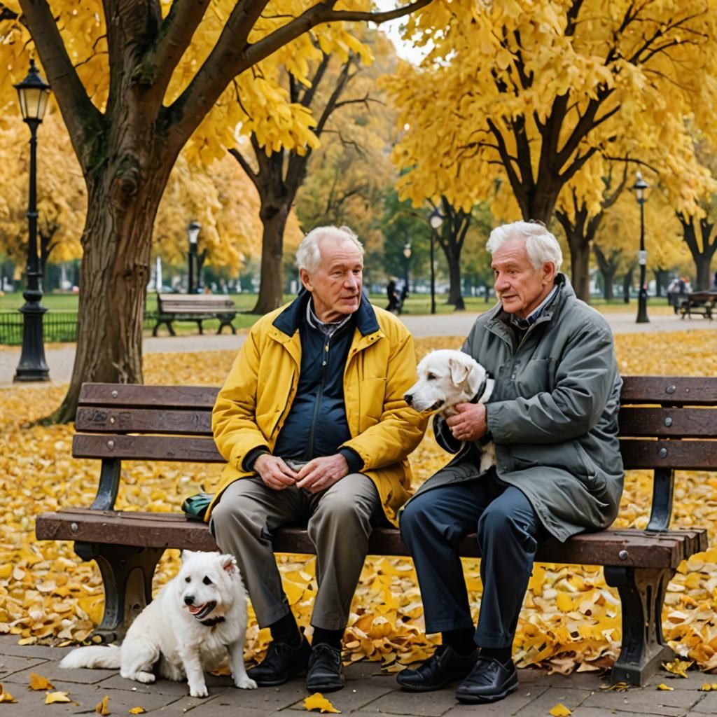 Elderly Men with Dog Enjoying Autumn Scenery