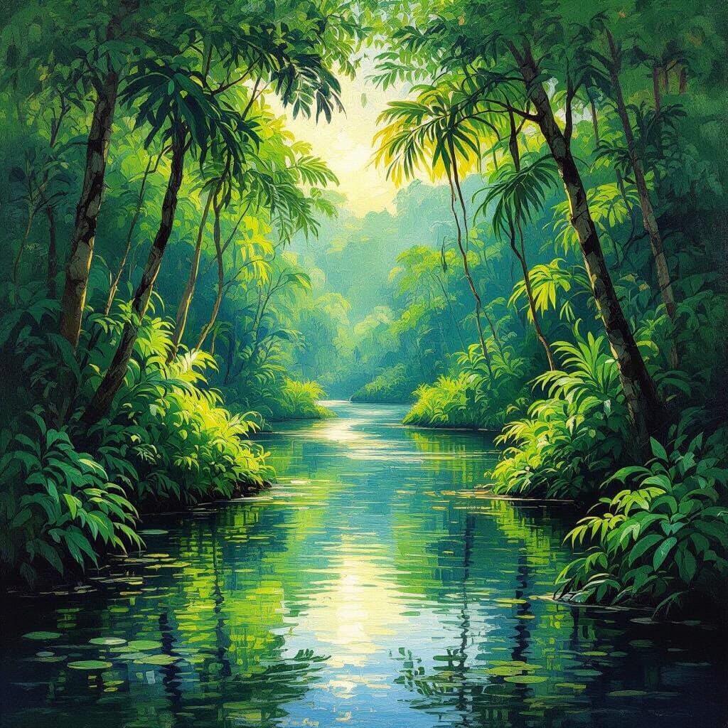 Monet-Inspired Amazon Rainforest Scene with Dappled Sunlight