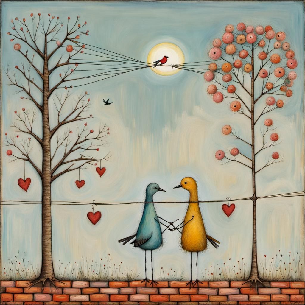 Birds Emerge from String Heart, Naive Art Style