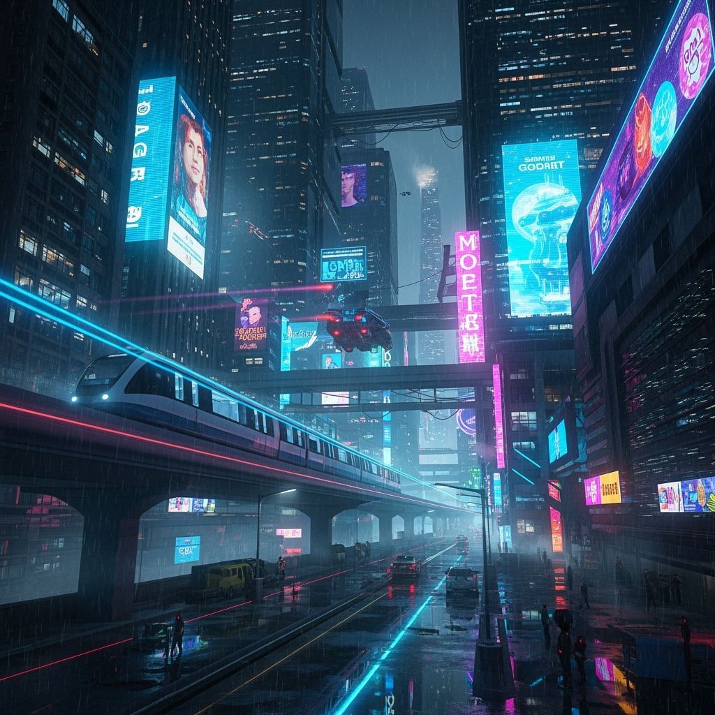 Futuristic Neon Cityscape at Night with Autonomous Train
