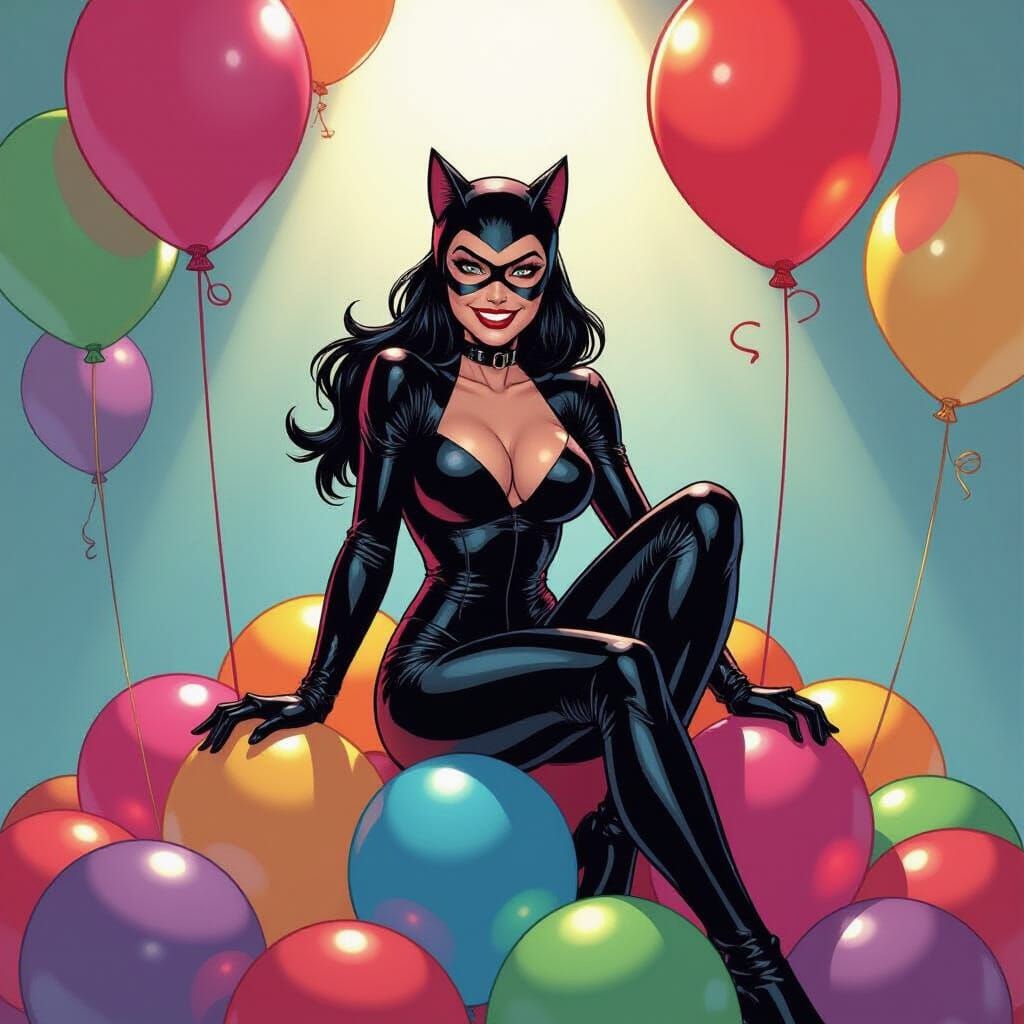 Catwoman on Birthday Balloons in Comic Book Style