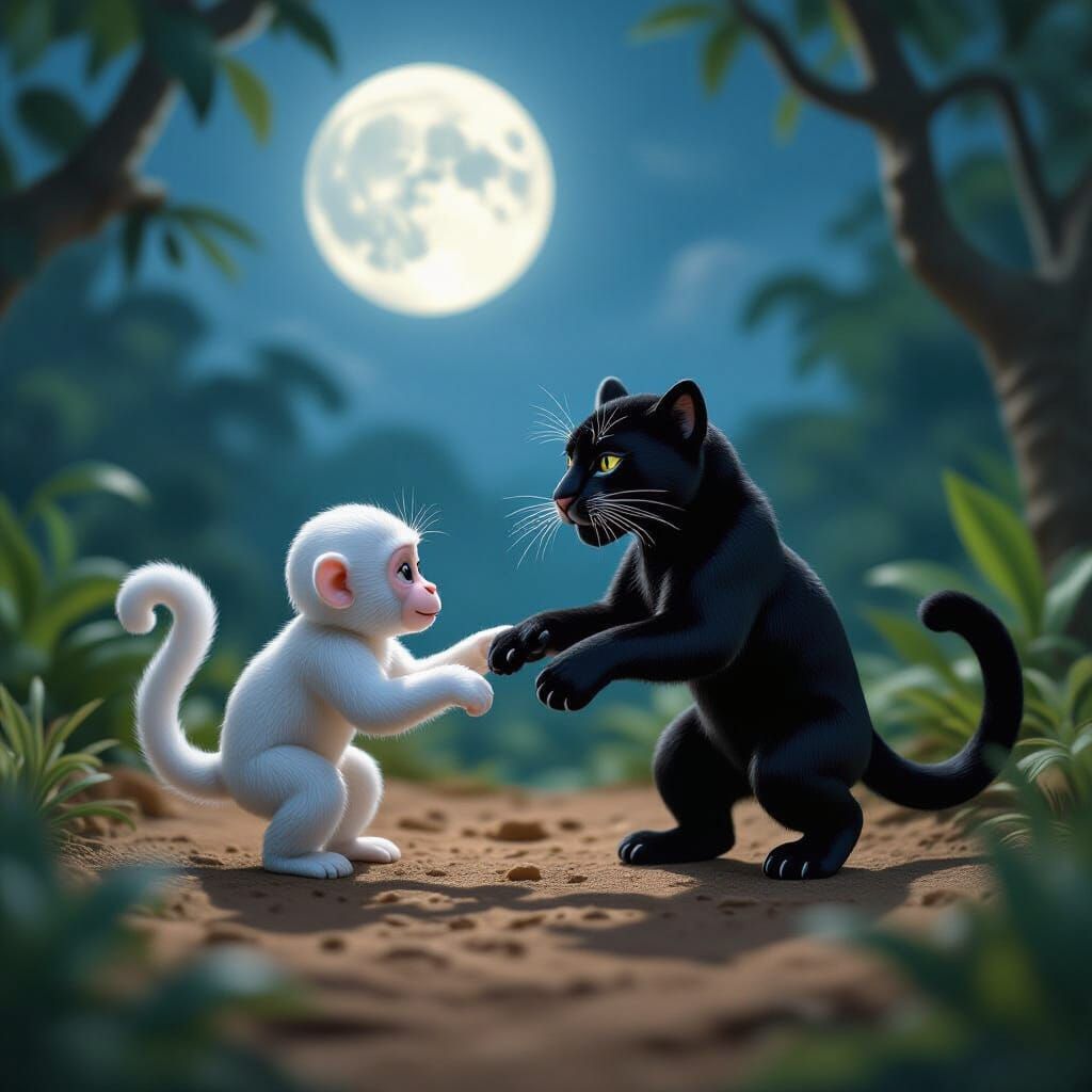 Leopard and Monkey Dance Under Full Moon