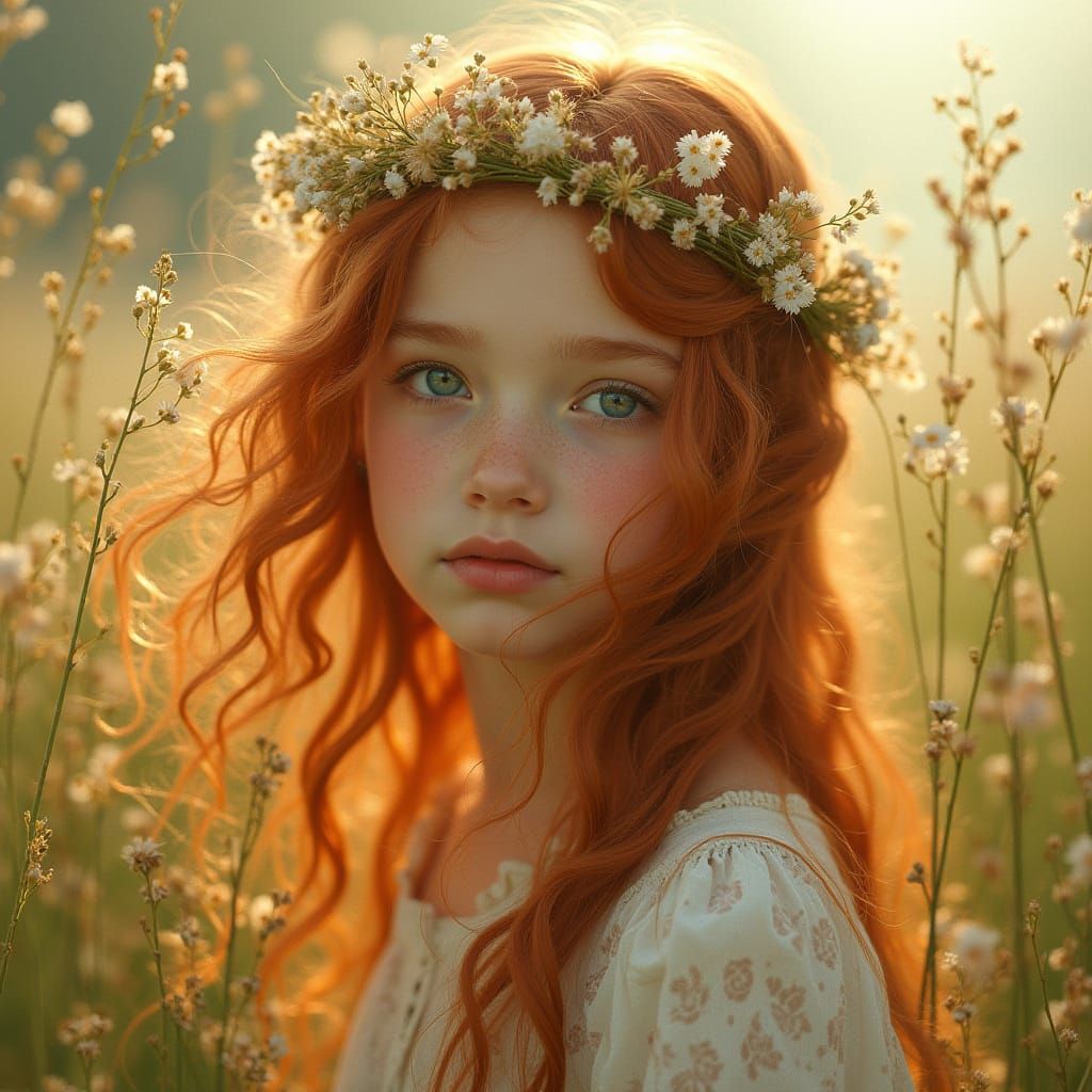 Ethereal Girl with Flowers in Pre-Raphaelite Style