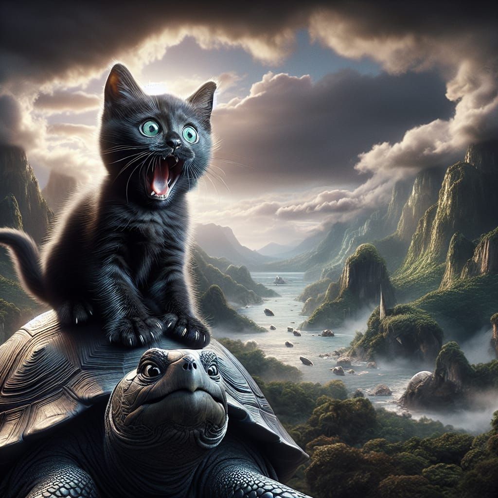 Frightened Kitten Rides Turtle in Whimsical Digital Painting