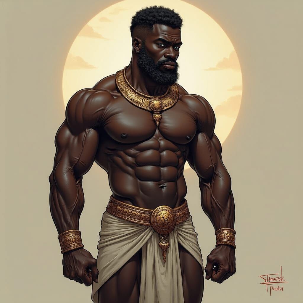 Muscular Nubian God with Unicorn and Cosmic Energy